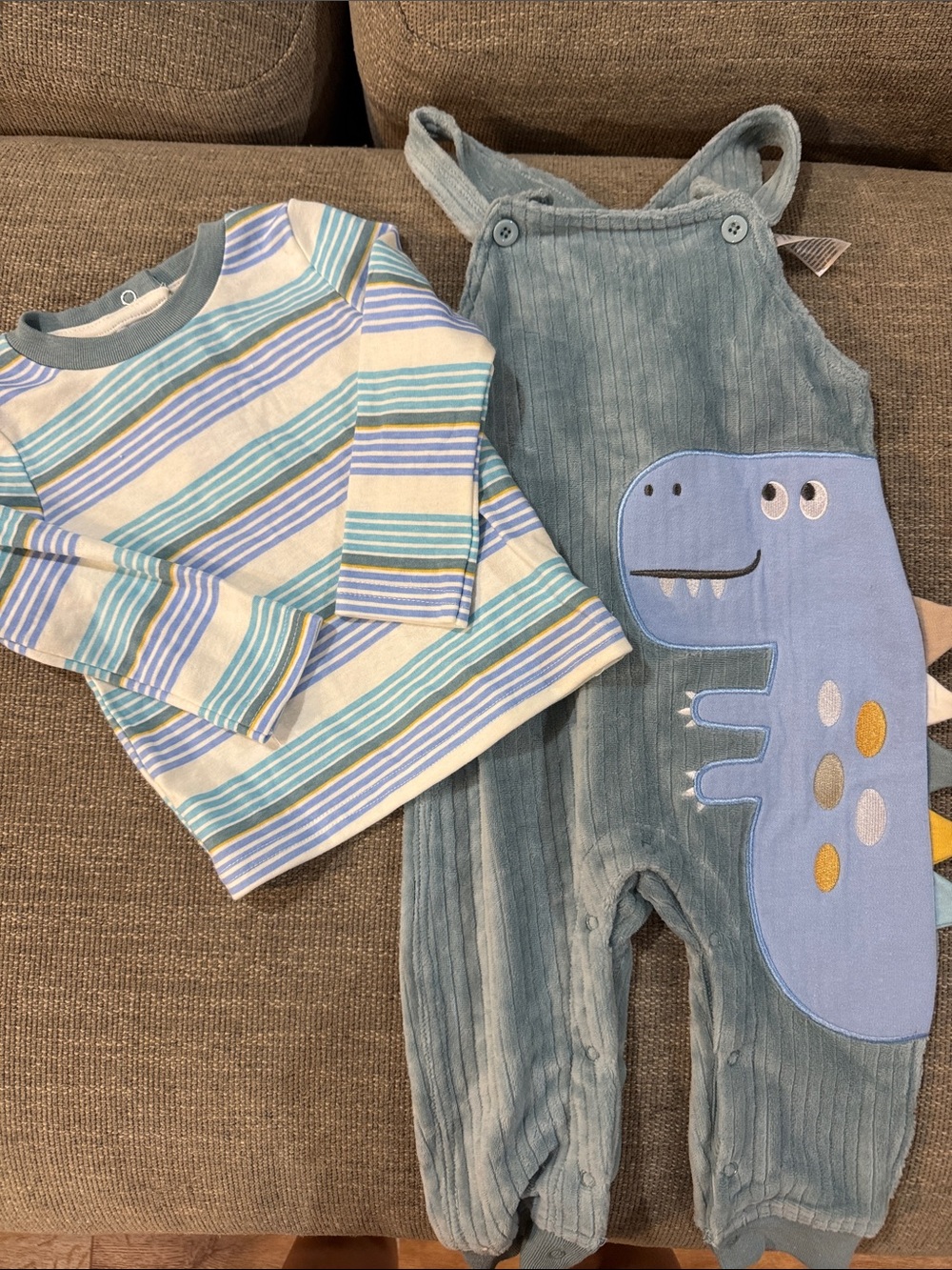 Baby Starters Blue/Teal Dinosaur Corduroy Overalls with Striped Top